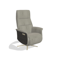 Recliner Atlas 6685 in Stella 10 fabric (taupe), tobacco wood side panels, champagne metal base, angled view