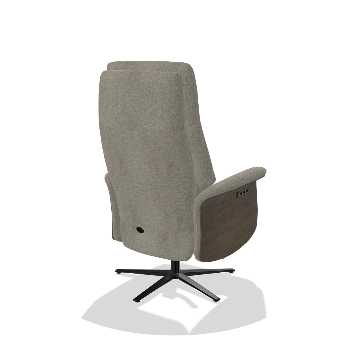 Recliner Atlas 6685 in Stella 10 fabric (taupe), walnut wood side panels, black metal base, back angled view