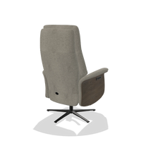 Recliner Atlas 6685 in Stella 10 fabric (taupe), walnut wood side panels, black metal base, back angled view