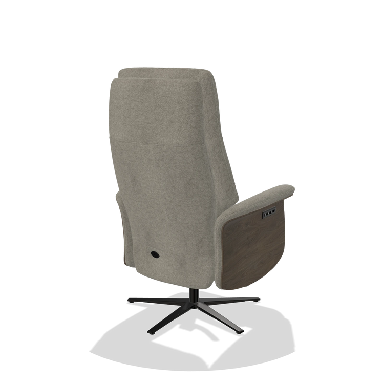 Recliner Atlas 6685 in Stella 10 fabric (taupe), walnut wood side panels, black metal base, back angled view