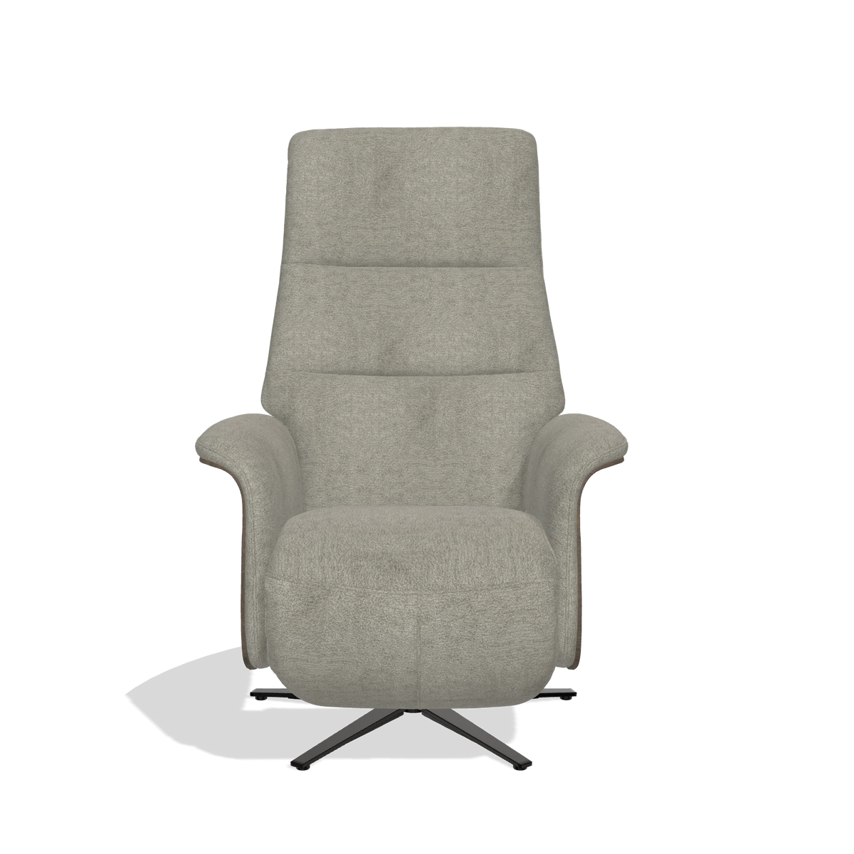Recliner Atlas 6685 in Stella 10 fabric (taupe), walnut wood side panels, black metal base, front view