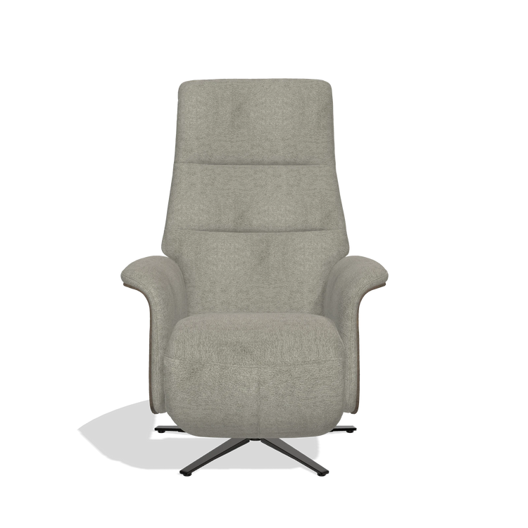 Recliner Atlas 6685 in Stella 10 fabric (taupe), walnut wood side panels, black metal base, front view