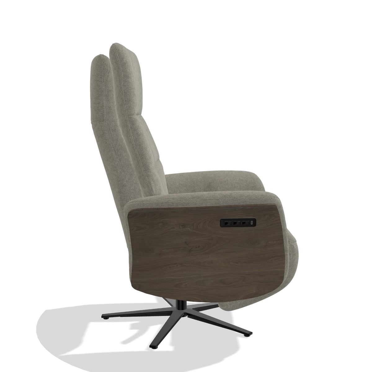 Recliner Atlas 6685 in Stella 10 fabric (taupe), walnut wood side panels, black metal base, side view