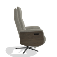 Recliner Atlas 6685 in Stella 10 fabric (taupe), walnut wood side panels, black metal base, side view