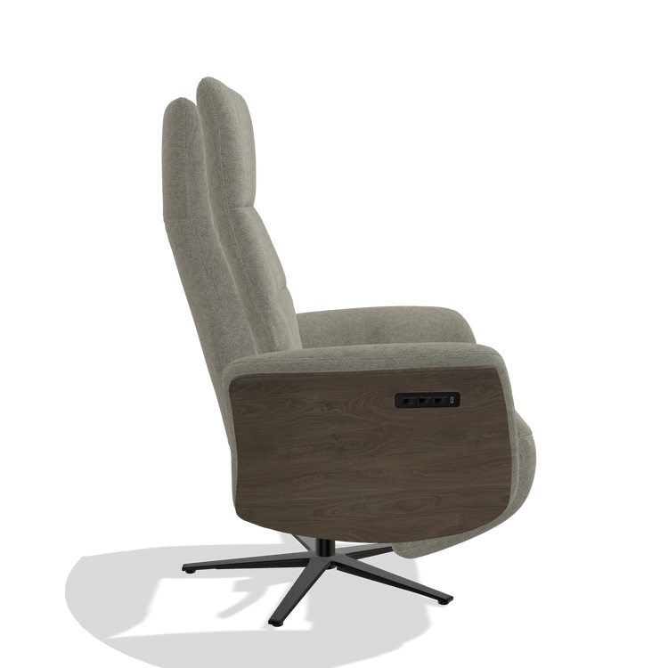 Recliner Atlas 6685 in Stella 10 fabric (taupe), walnut wood side panels, black metal base, side view
