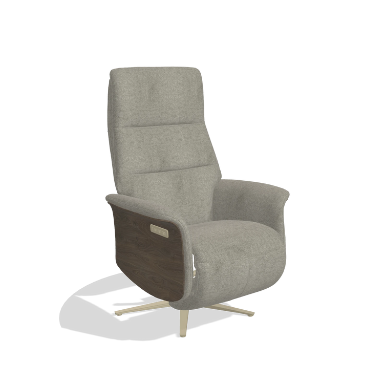 Recliner Atlas 6685 in Stella 10 fabric (taupe), walnut wood side panels, champagne metal base, angled view