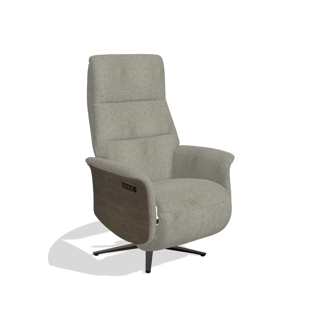 Recliner Atlas 6685 in Stella 10 fabric (taupe), walnut wood side panels, espresso metal base, angled view
