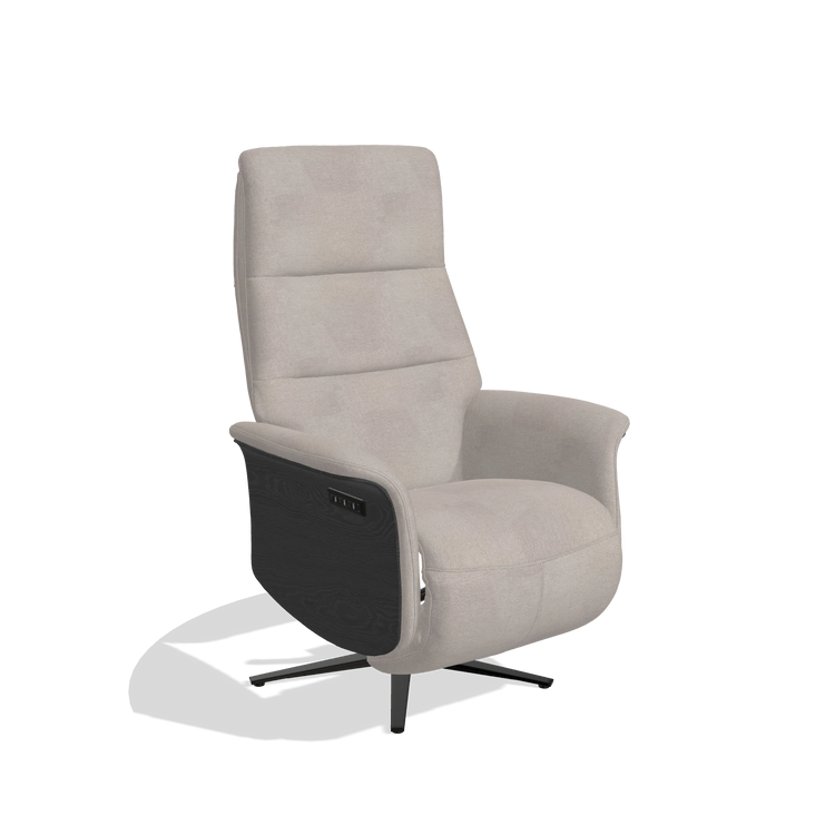 Recliner Atlas 6685 in Stella 106 fabric (greige), black wood side panels, black metal base, angled view