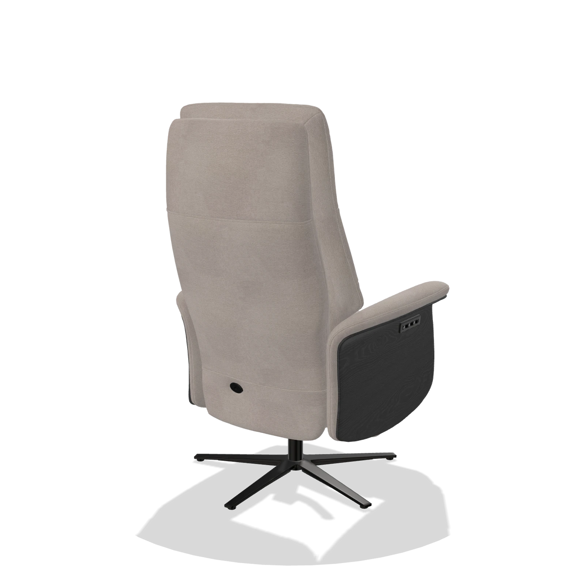 Recliner Atlas 6685 in Stella 106 fabric (greige), black wood side panels, black metal base, back angled view