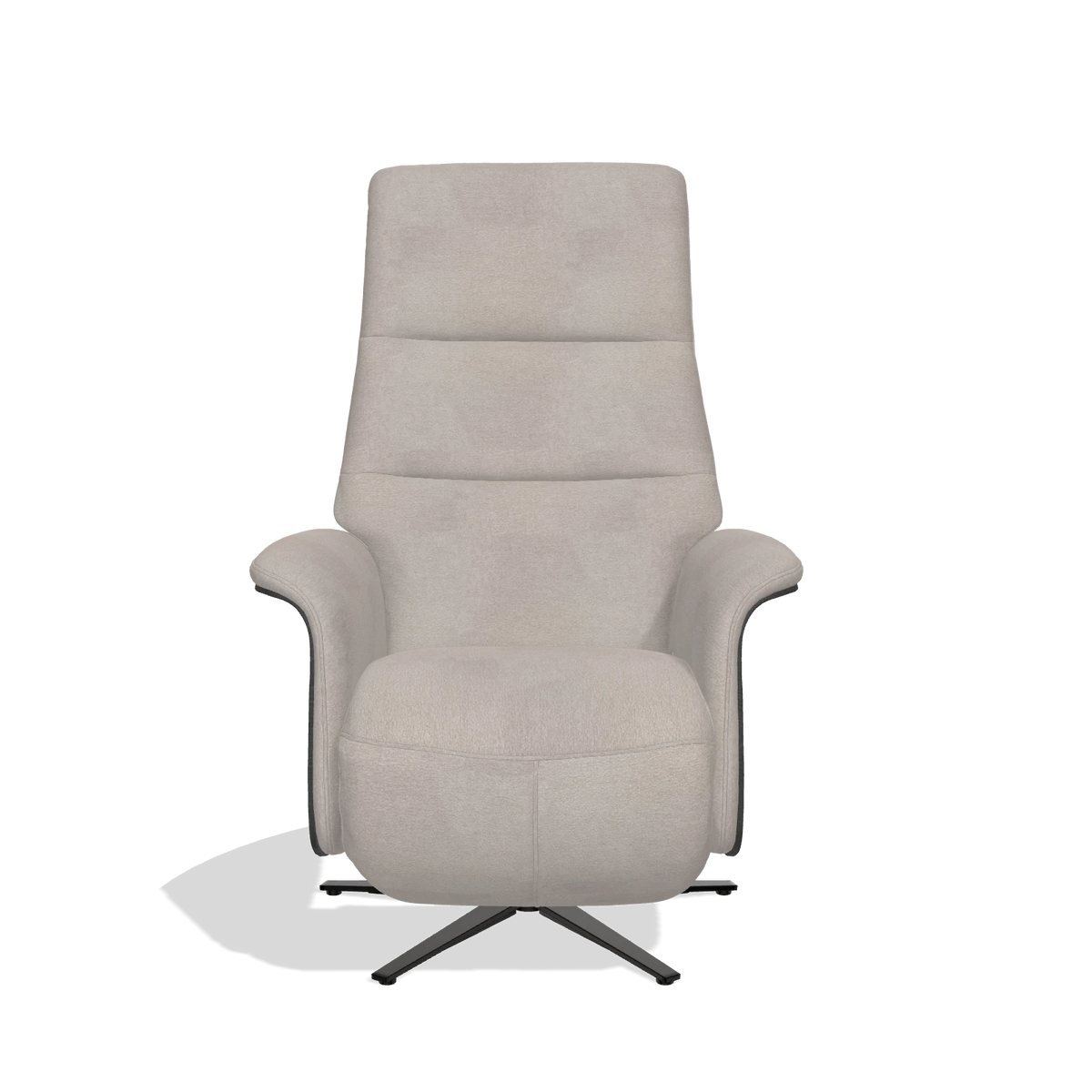 Recliner Atlas 6685 in Stella 106 fabric (greige), black wood side panels, black metal base, front view