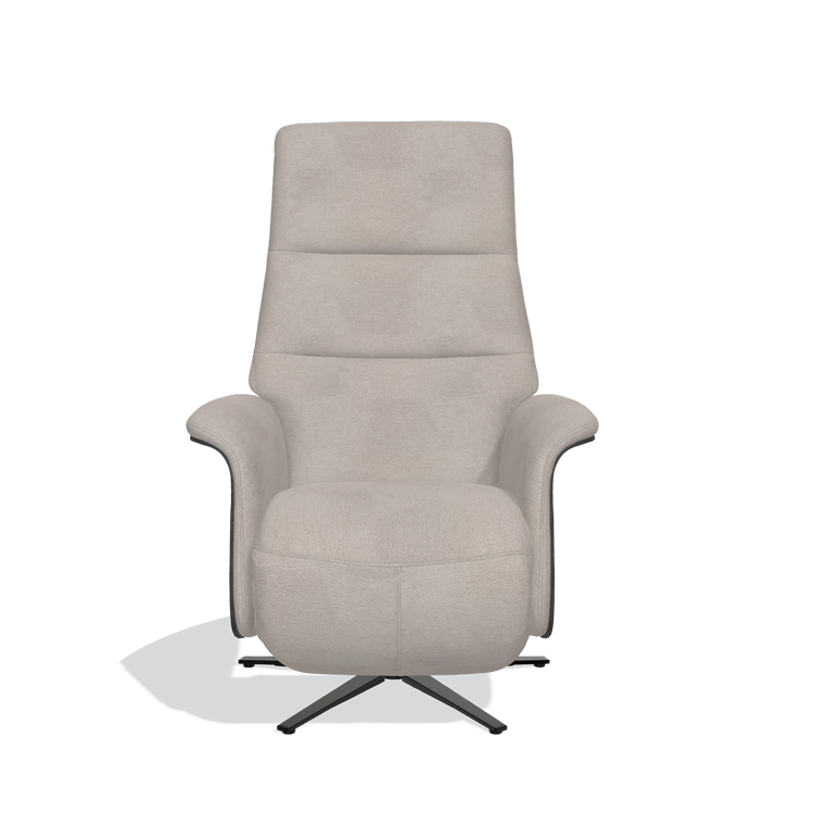 Recliner Atlas 6685 in Stella 106 fabric (greige), black wood side panels, black metal base, front view