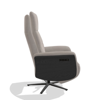 Recliner Atlas 6685 in Stella 106 fabric (greige), black wood side panels, black metal base, side view