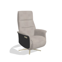 Recliner Atlas 6685 in Stella 106 fabric (greige), black wood side panels, champagne metal base, angled view