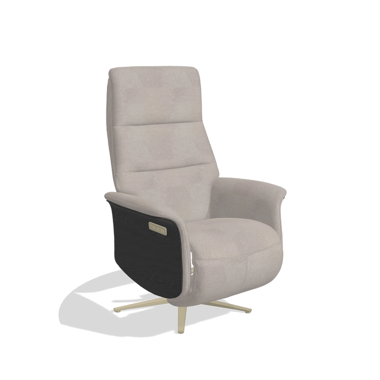 Recliner Atlas 6685 in Stella 106 fabric (greige), black wood side panels, champagne metal base, angled view