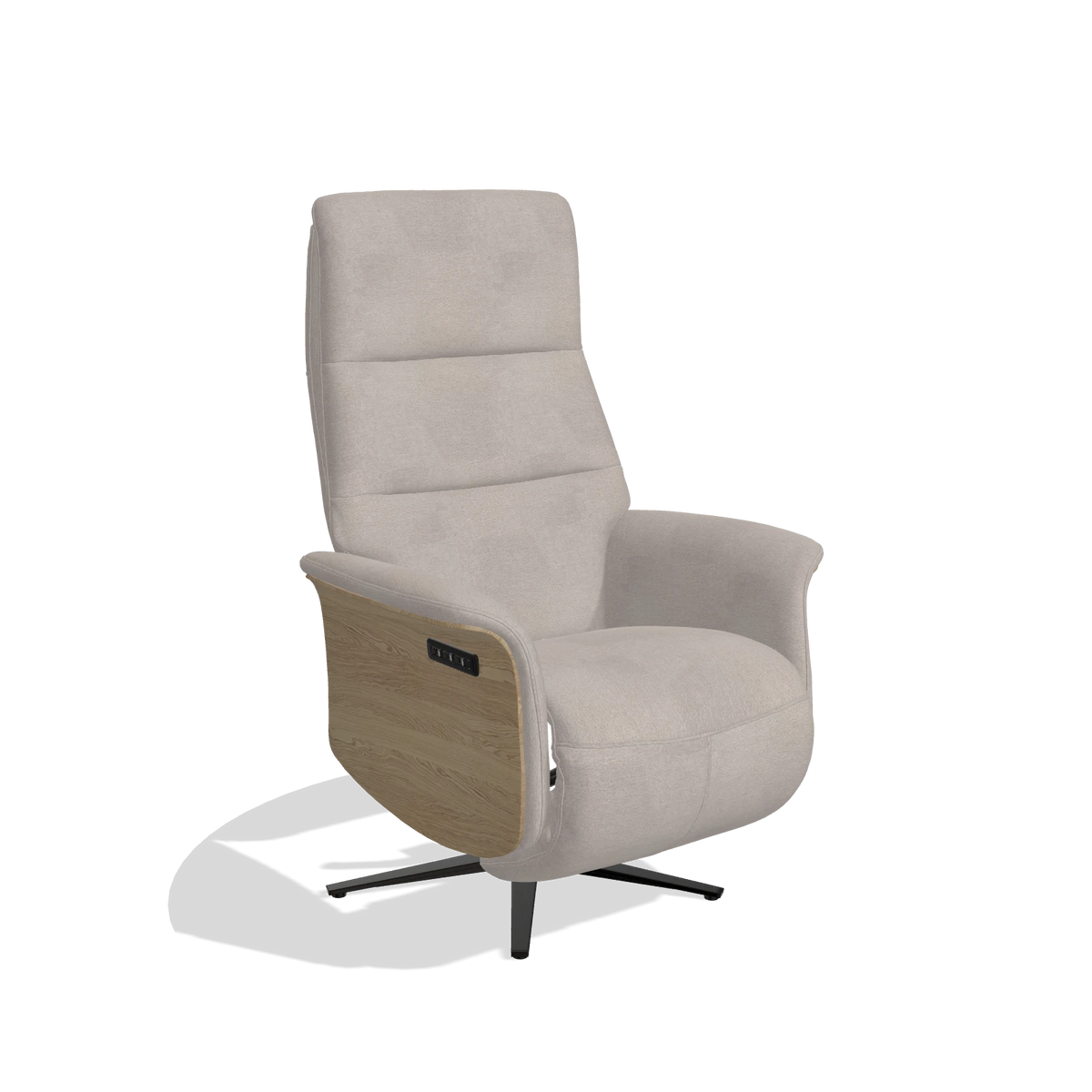 Recliner Atlas 6685 in Stella 106 fabric (greige), natural wood side panels, black metal base, angled view
