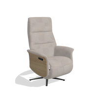 Recliner Atlas 6685 in Stella 106 fabric (greige), natural wood side panels, black metal base, angled view