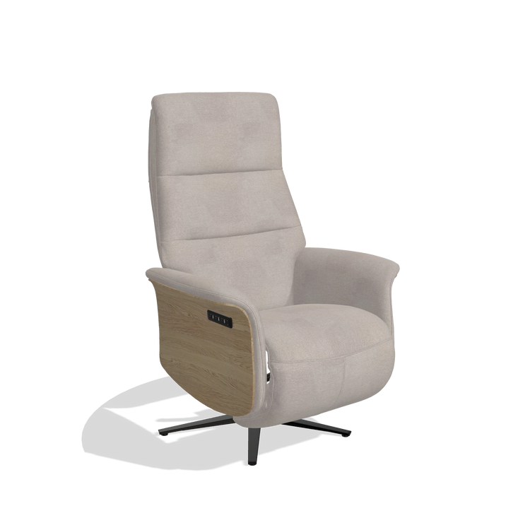 Recliner Atlas 6685 in Stella 106 fabric (greige), natural wood side panels, black metal base, angled view