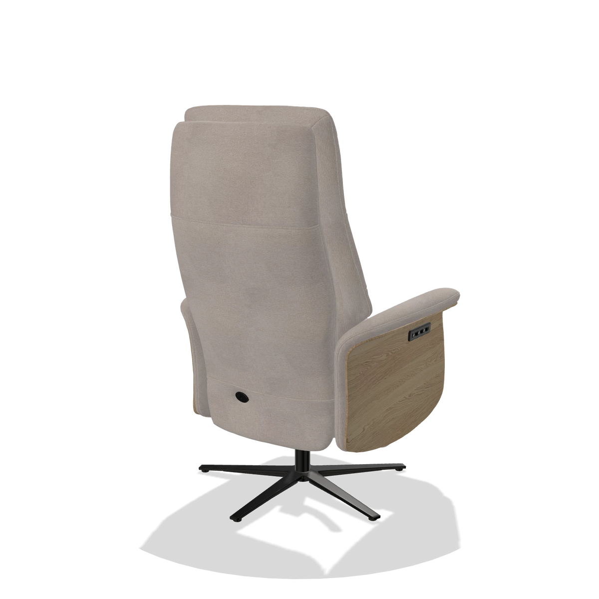 Recliner Atlas 6685 in Stella 106 fabric (greige), natural wood side panels, black metal base, back angled view