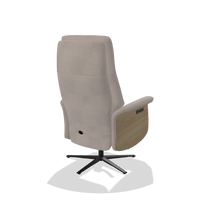 Recliner Atlas 6685 in Stella 106 fabric (greige), natural wood side panels, black metal base, back angled view