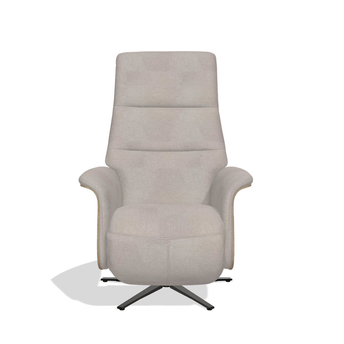 Recliner Atlas 6685 in Stella 106 fabric (greige), natural wood side panels, black metal base, front view
