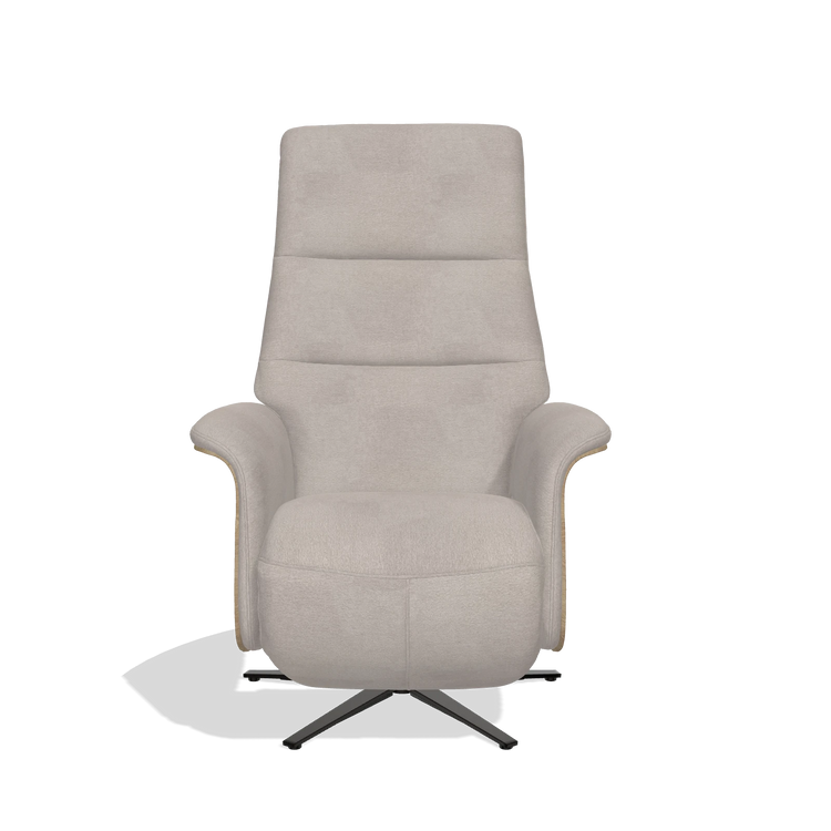 Recliner Atlas 6685 in Stella 106 fabric (greige), natural wood side panels, black metal base, front view