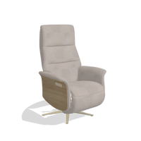 Recliner Atlas 6685 in Stella 106 fabric (greige), natural wood side panels, champagne metal base, angled view
