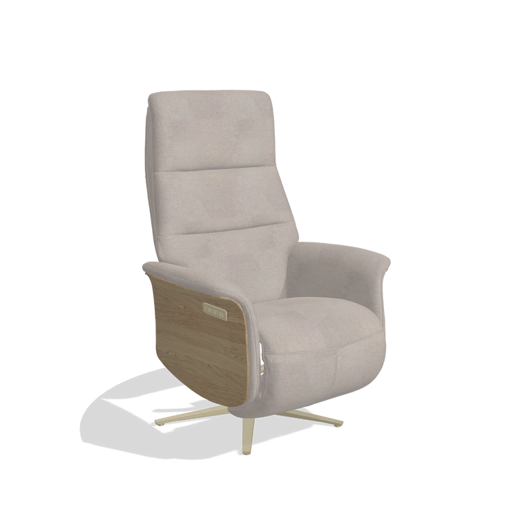 Recliner Atlas 6685 in Stella 106 fabric (greige), natural wood side panels, champagne metal base, angled view