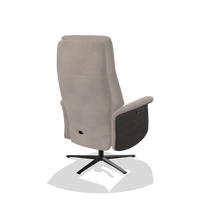Recliner Atlas 6685 in Stella 106 fabric (greige), tobacco wood side panels, black metal base, back angled view