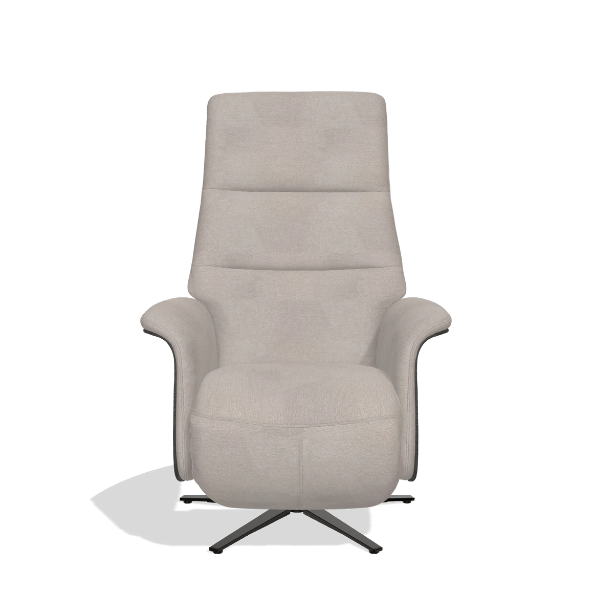 Recliner Atlas 6685 in Stella 106 fabric (greige), tobacco wood side panels, black metal base, front view