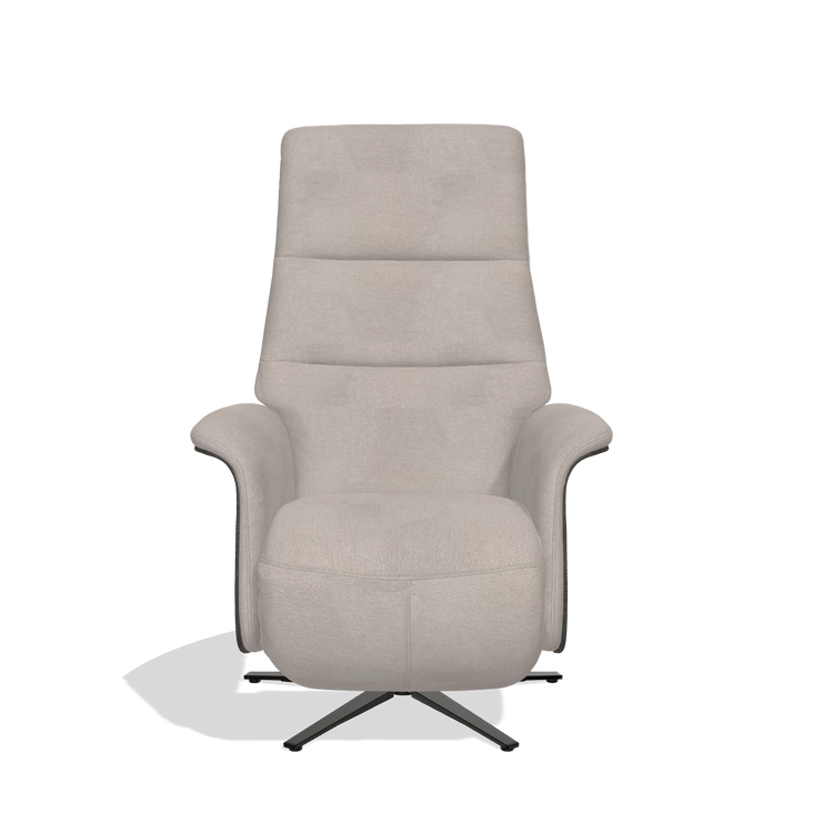 Recliner Atlas 6685 in Stella 106 fabric (greige), tobacco wood side panels, black metal base, front view