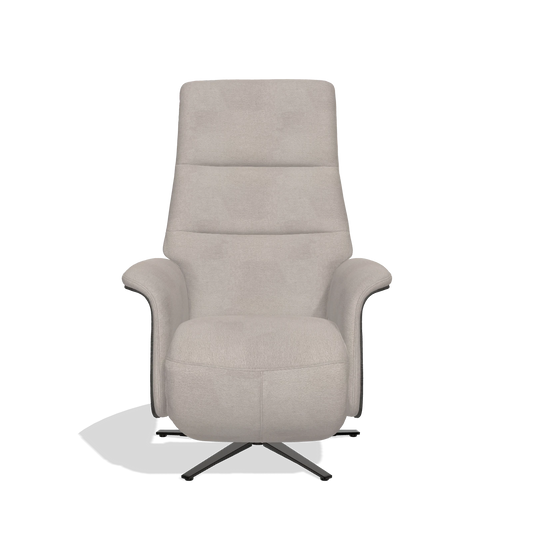 Sillón reclinable Atlas 6685 en tela Stella 106 (greige), paneles laterales de madera en tabaco, base metálica en negro, vista frontal