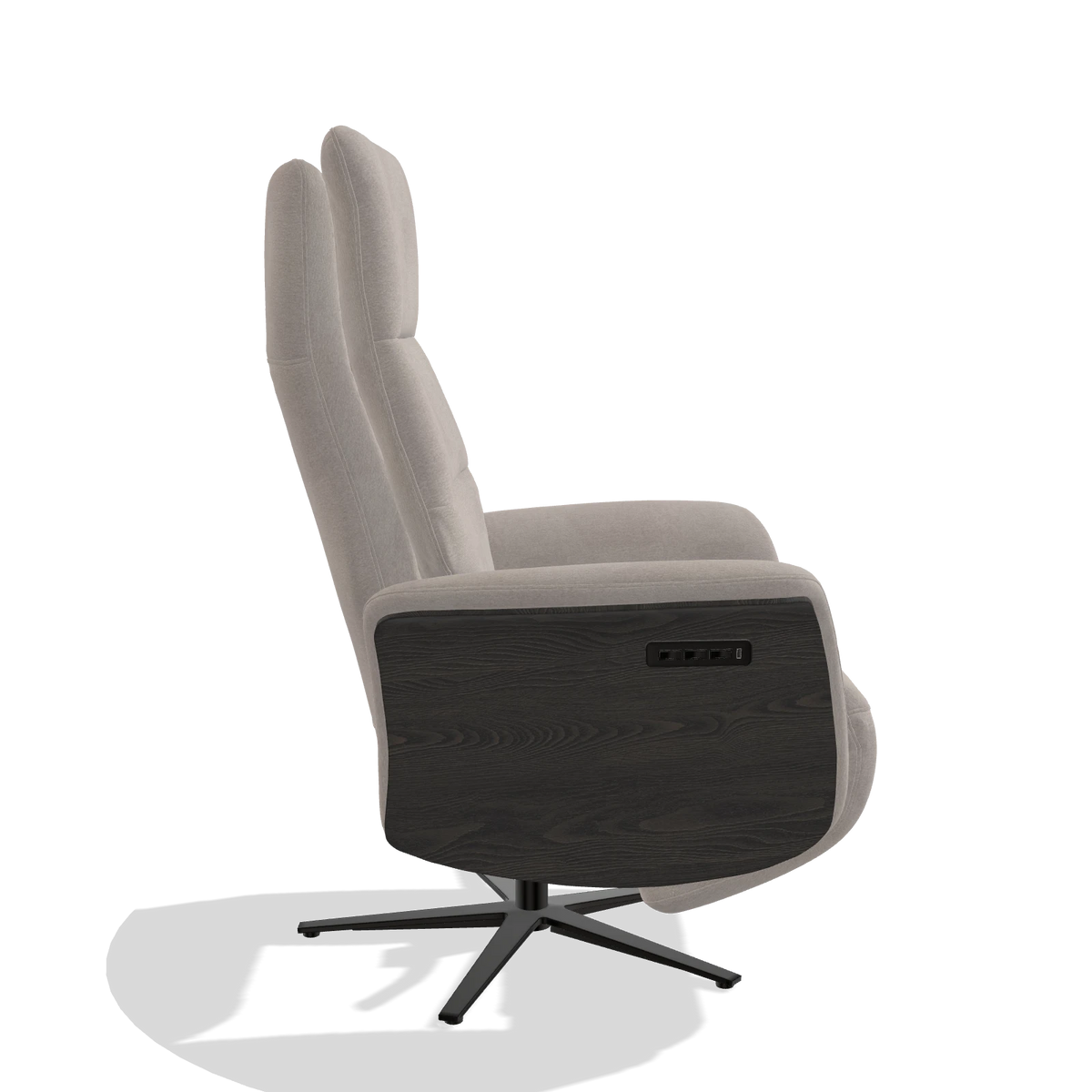 Recliner Atlas 6685 in Stella 106 fabric (greige), tobacco wood side panels, black metal base, side view