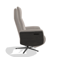 Recliner Atlas 6685 in Stella 106 fabric (greige), tobacco wood side panels, black metal base, side view