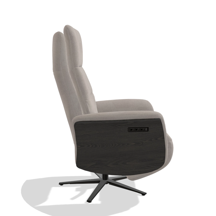 Recliner Atlas 6685 in Stella 106 fabric (greige), tobacco wood side panels, black metal base, side view