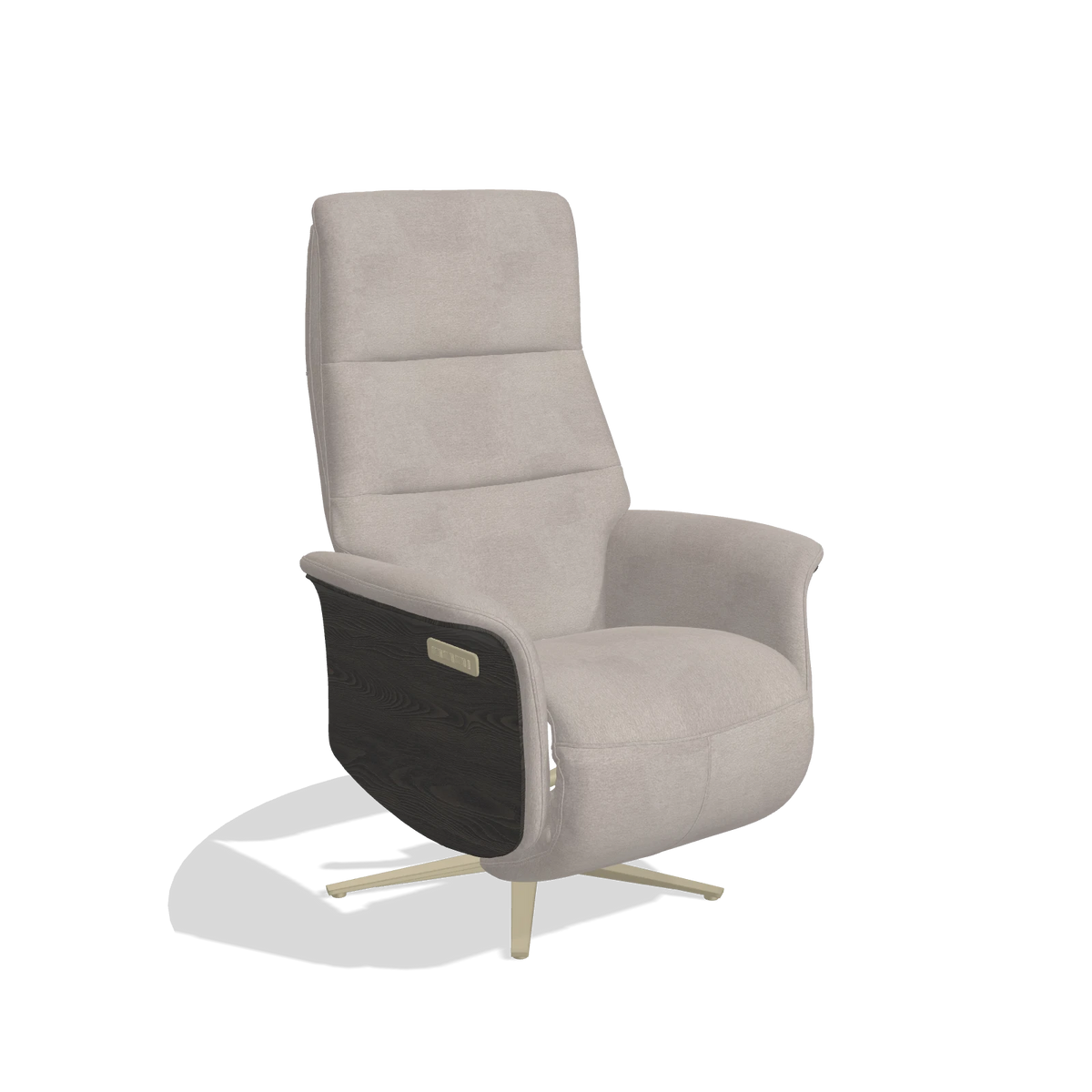 Recliner Atlas 6685 in Stella 106 fabric (greige), tobacco wood side panels, champagne metal base, angled view