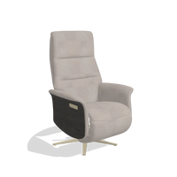 Recliner Atlas 6685 in Stella 106 fabric (greige), tobacco wood side panels, champagne metal base, angled view