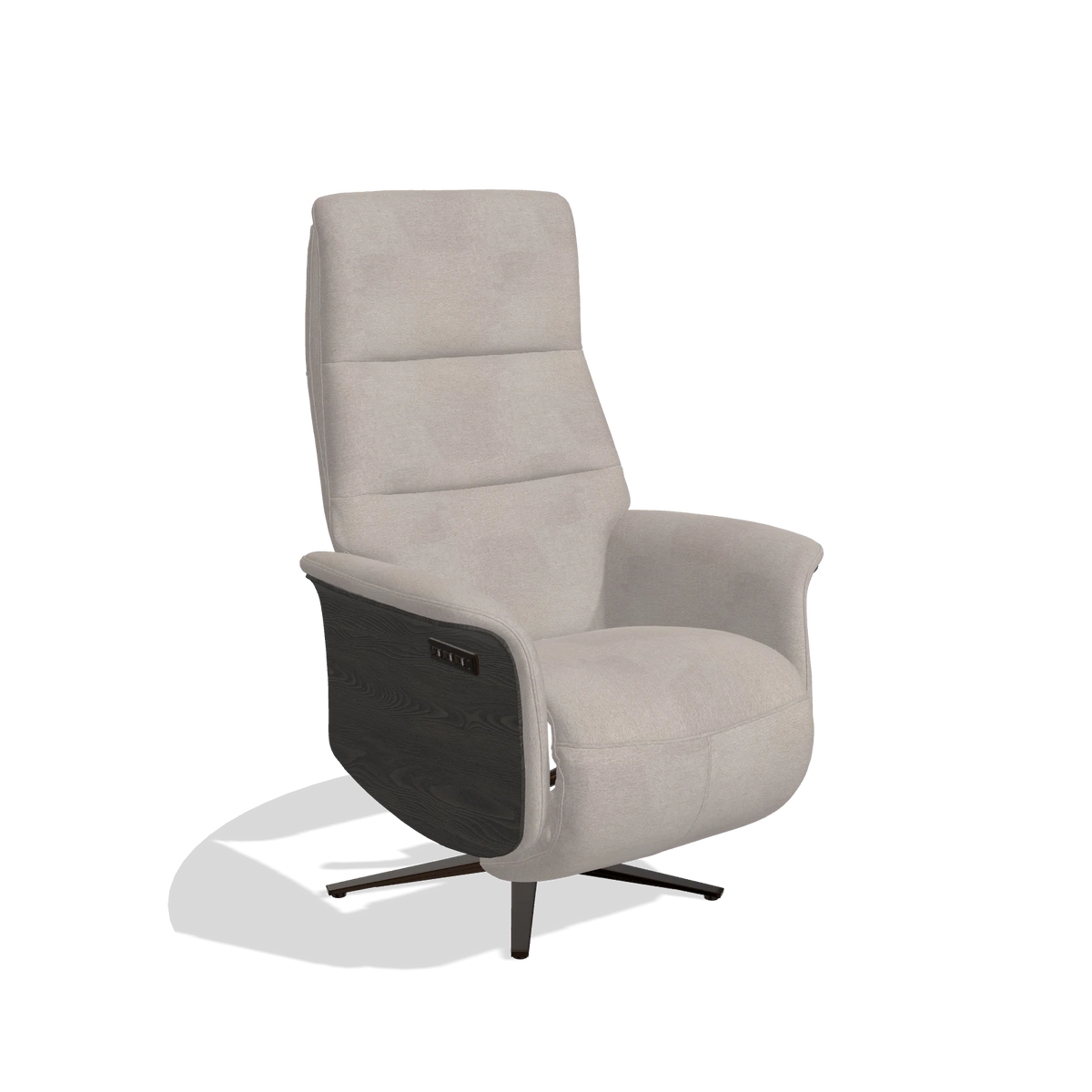 Recliner Atlas 6685 in Stella 106 fabric (greige), tobacco wood side panels, espresso metal base, angled view