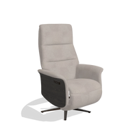 Recliner Atlas 6685 in Stella 106 fabric (greige), tobacco wood side panels, espresso metal base, angled view