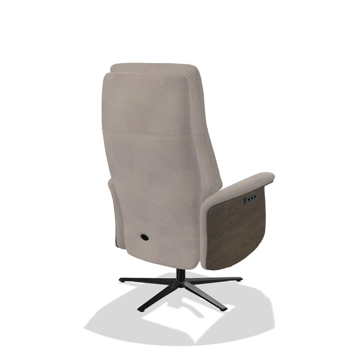 Recliner Atlas 6685 in Stella 106 fabric (greige), walnut wood side panels, black metal base, back angled view