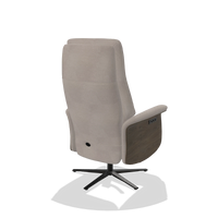 Recliner Atlas 6685 in Stella 106 fabric (greige), walnut wood side panels, black metal base, back angled view