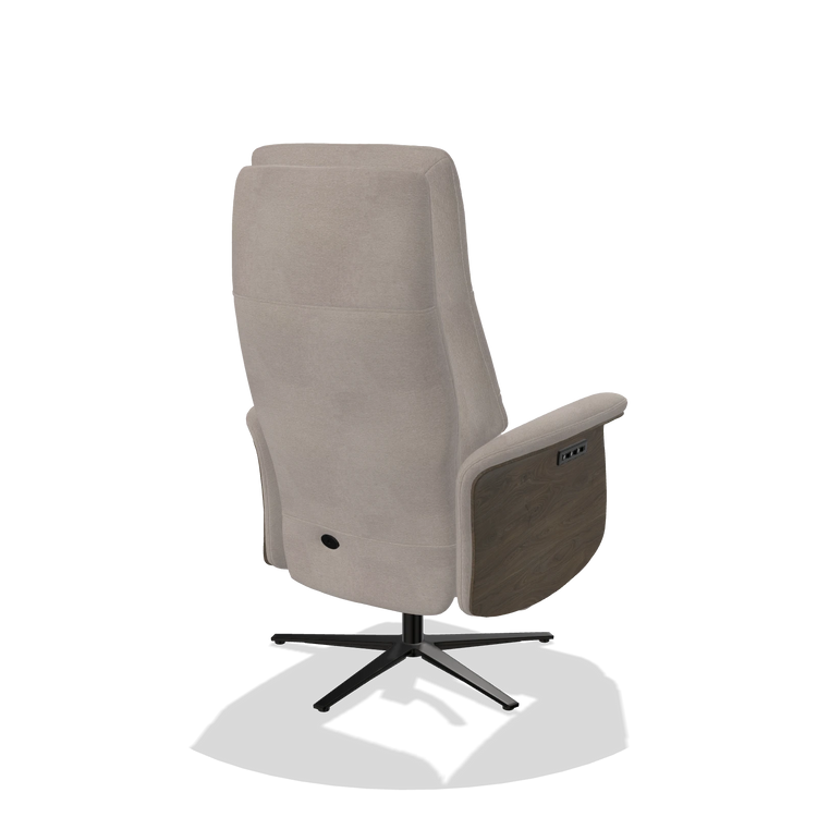 Recliner Atlas 6685 in Stella 106 fabric (greige), walnut wood side panels, black metal base, back angled view
