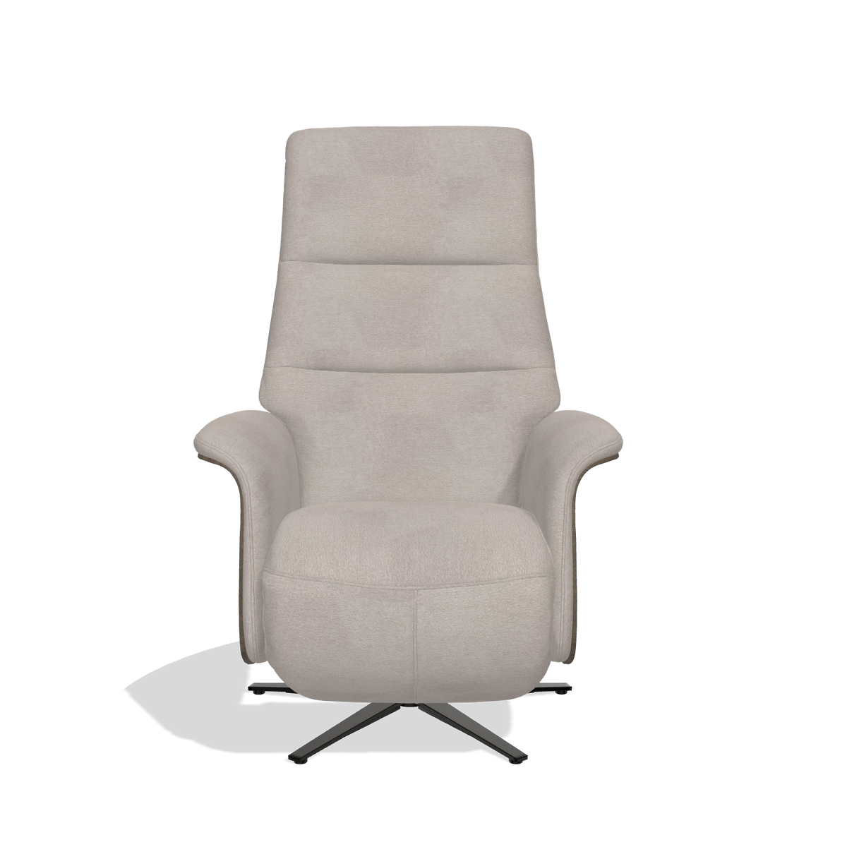 Recliner Atlas 6685 in Stella 106 fabric (greige), walnut wood side panels, black metal base, front view