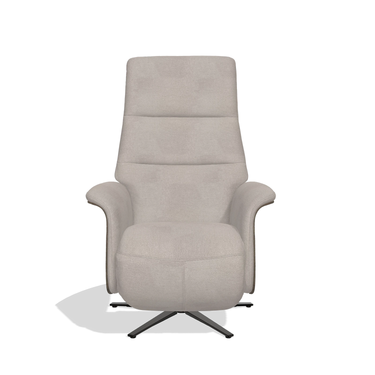 Recliner Atlas 6685 in Stella 106 fabric (greige), walnut wood side panels, black metal base, front view