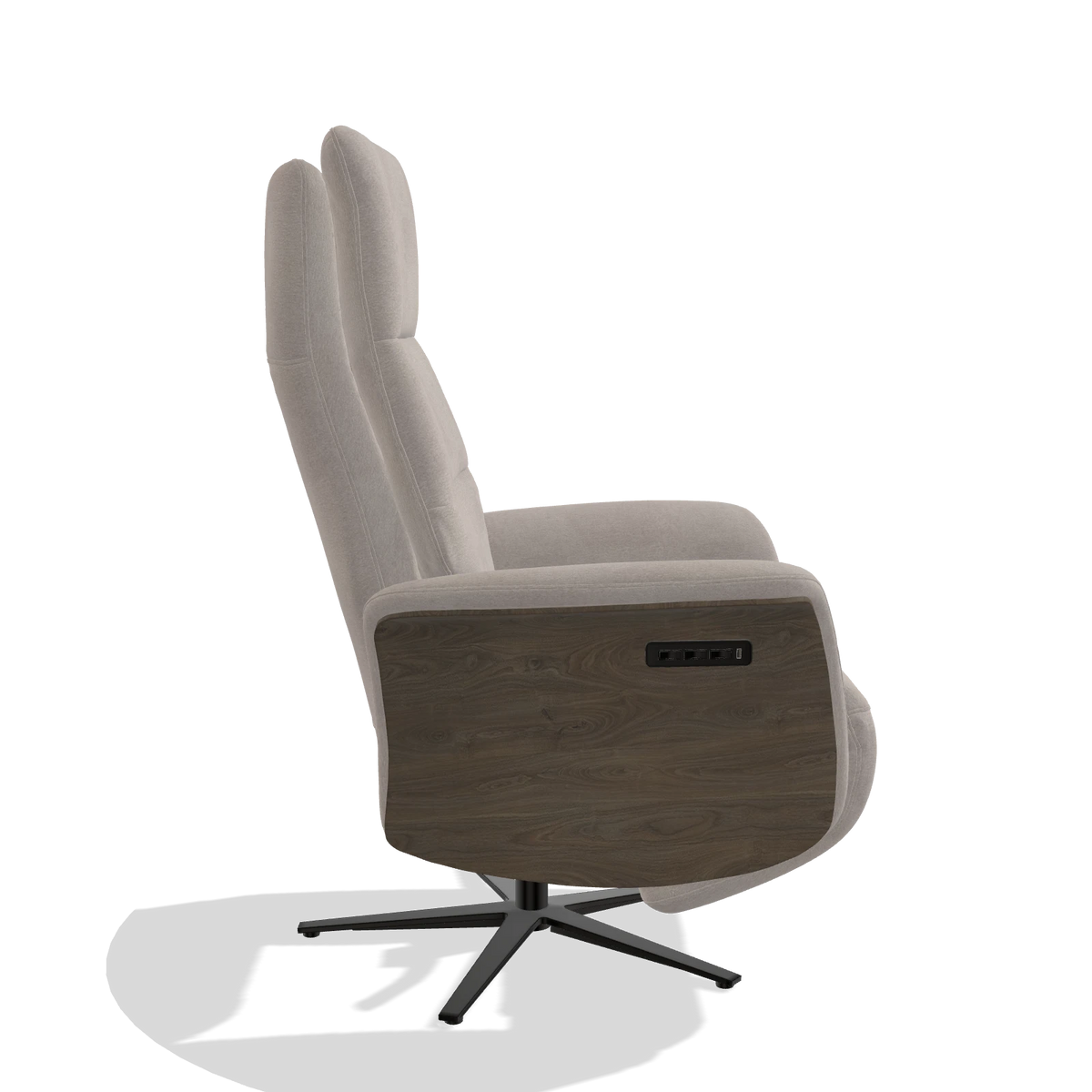 Recliner Atlas 6685 in Stella 106 fabric (greige), walnut wood side panels, black metal base, side view