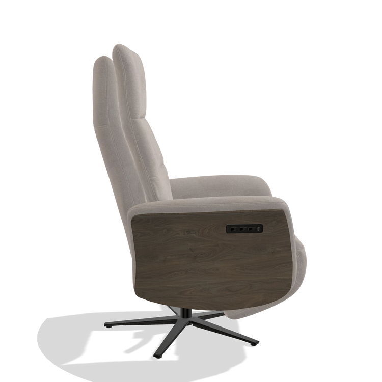 Recliner Atlas 6685 in Stella 106 fabric (greige), walnut wood side panels, black metal base, side view