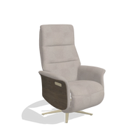 Recliner Atlas 6685 in Stella 106 fabric (greige), walnut wood side panels, champagne metal base, angled view
