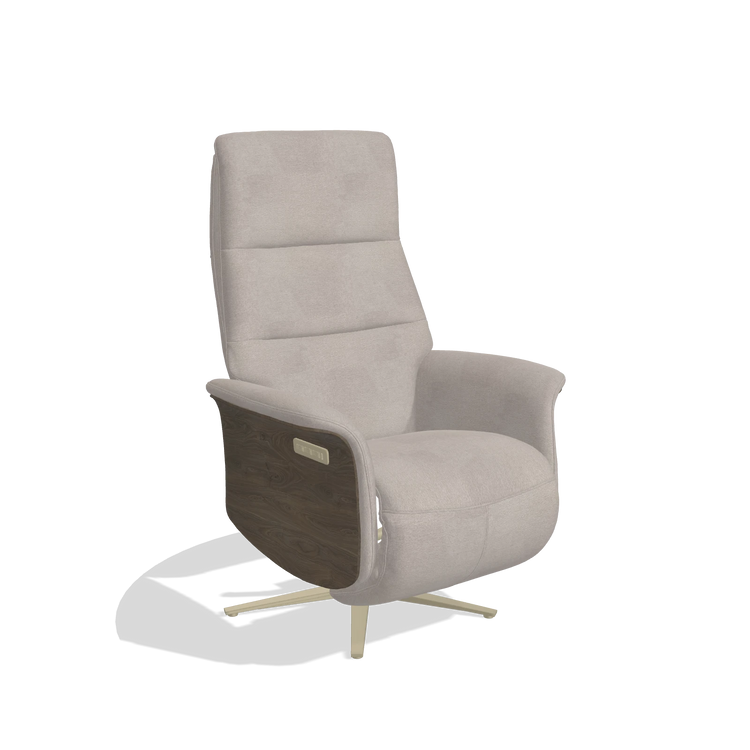 Recliner Atlas 6685 in Stella 106 fabric (greige), walnut wood side panels, champagne metal base, angled view