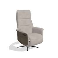 Recliner Atlas 6685 in Stella 106 fabric (greige), walnut wood side panels, espresso metal base, angled view