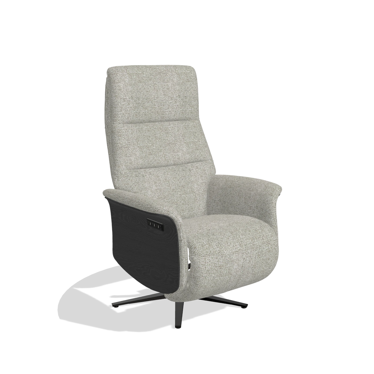 Recliner Atlas 6685 in Taurus 01 fabric (greige), black wood side panels, black metal base, angled view