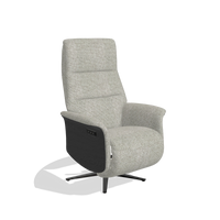 Recliner Atlas 6685 in Taurus 01 fabric (greige), black wood side panels, black metal base, angled view